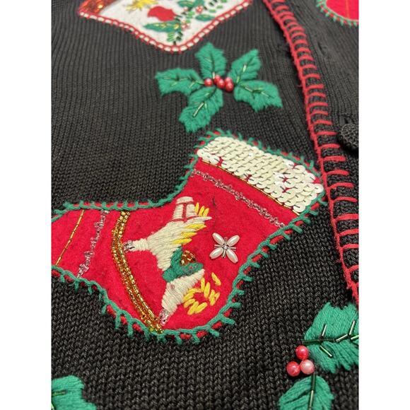 Vintage Victoria Jones Christmas Sweater Med Black Stocking Holly Applique - Picture 8 of 11